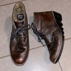 Fly London Leather Lace Up Wedge Booties